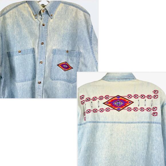 Vintage Denim Shirt Aztec Design Button Up Acid Wash Blue Mens Medium 80s Cowboy - Picture 1 of 10